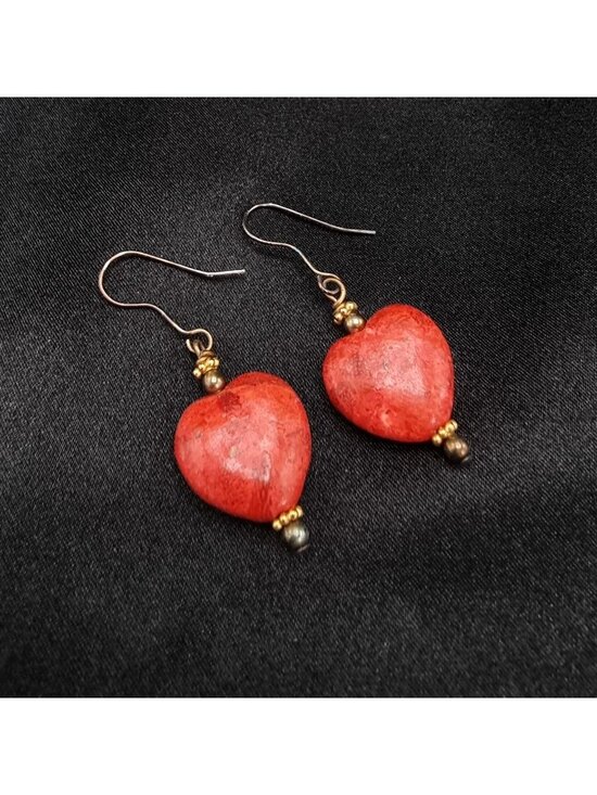 Handmade Jewelry - Red Real Coral Heart Drop Earrings